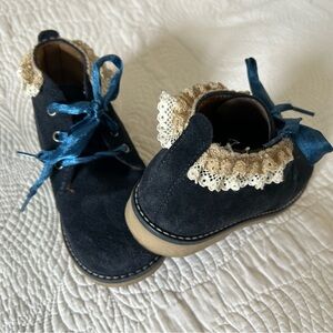 Blue and Cream Suede Boots with Crochet Trim